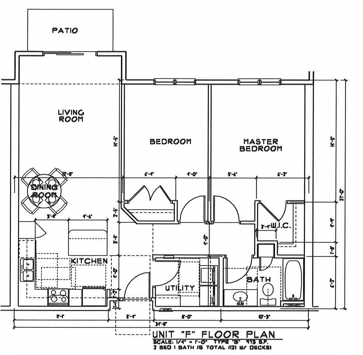 Floor plan for 2 beds, 1 bath, 973 sqft